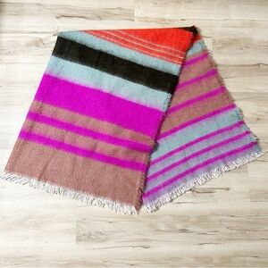 Anthropologie Bright Pink Stripe Fringe Throw Blanket 50x70